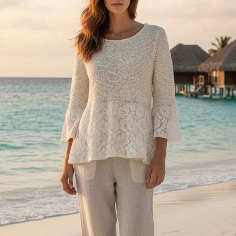 Knitted & Knotted Off White Lace Scoop Neck Boucle Sweater Medium